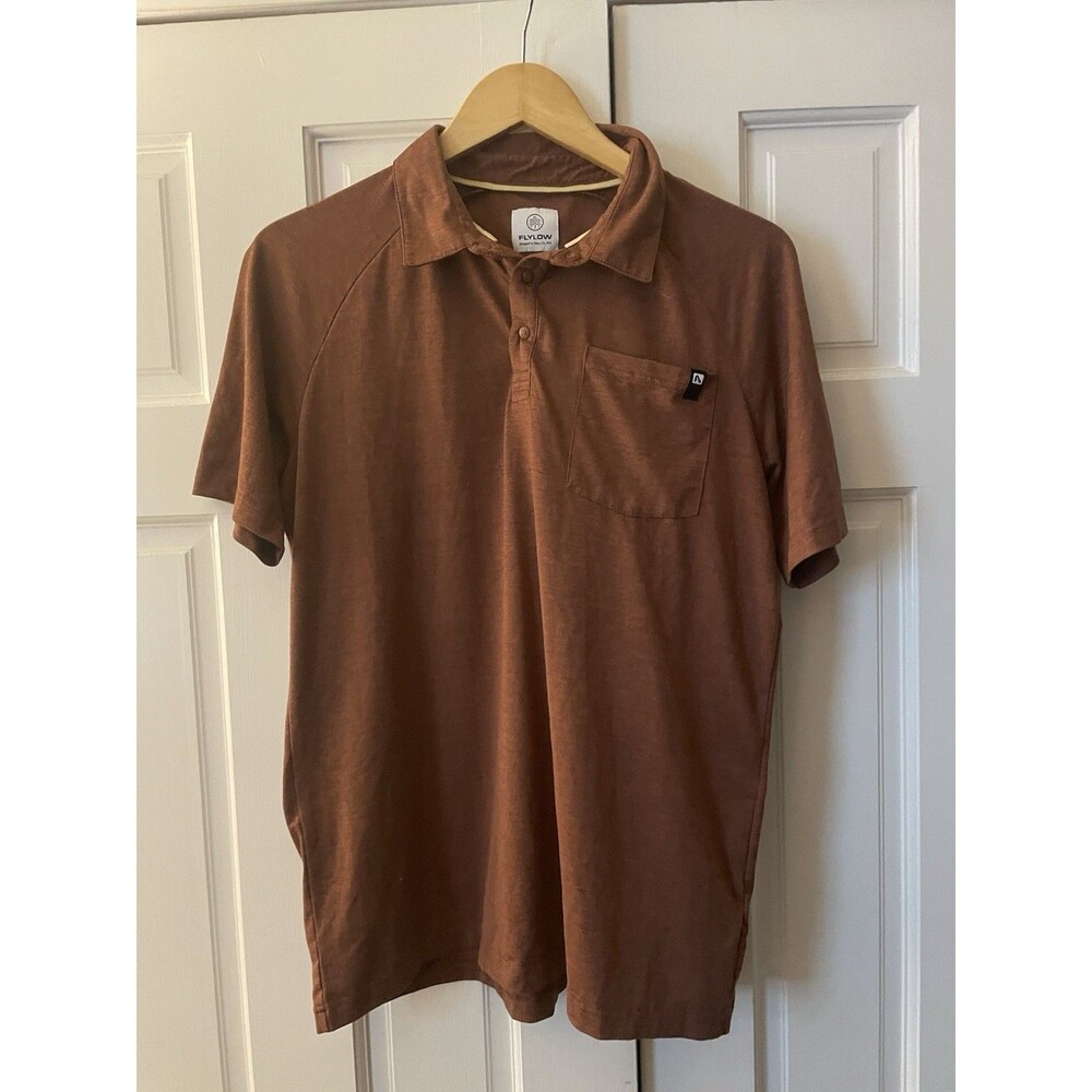 Flylow Lopez Polo Shirt Mens M Brown Performance Tech Stretch Hiking Snap Pocket